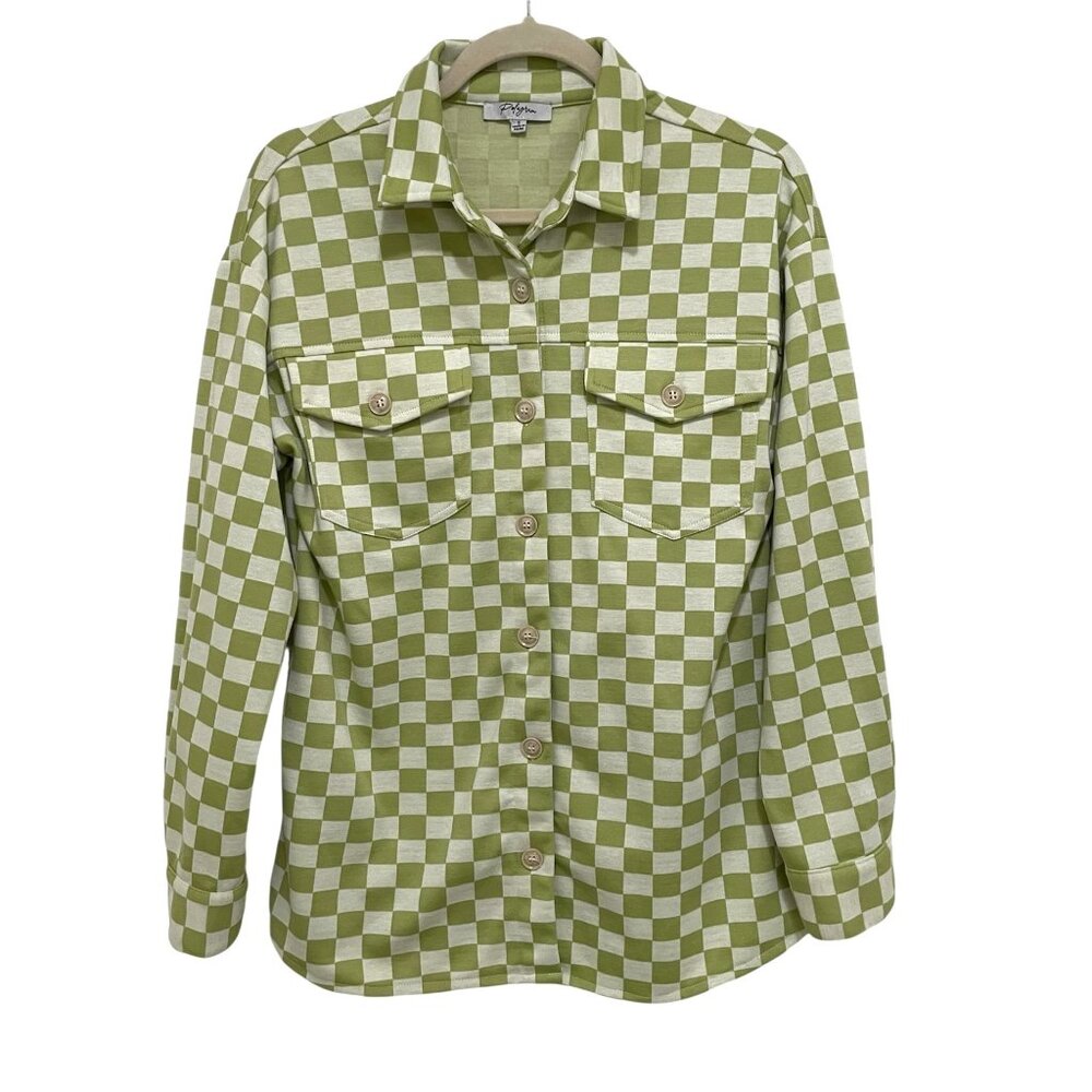 Polagram Shacket Womens S Green Checkered Button Front Knit Jacket Streetwear
